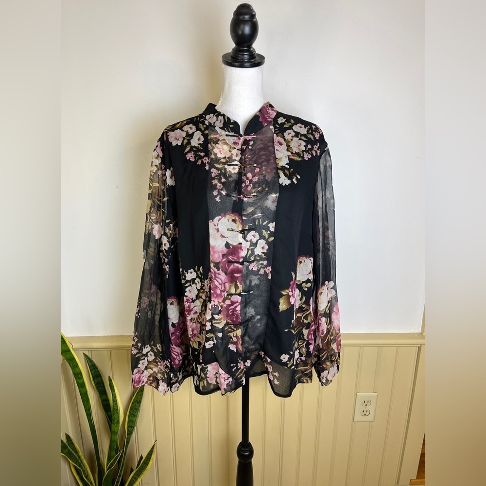 Vintage Silk Floral Blouse 3X Sheer Sleeve Frog Closure Goth Boho - Picture 2 of 12
